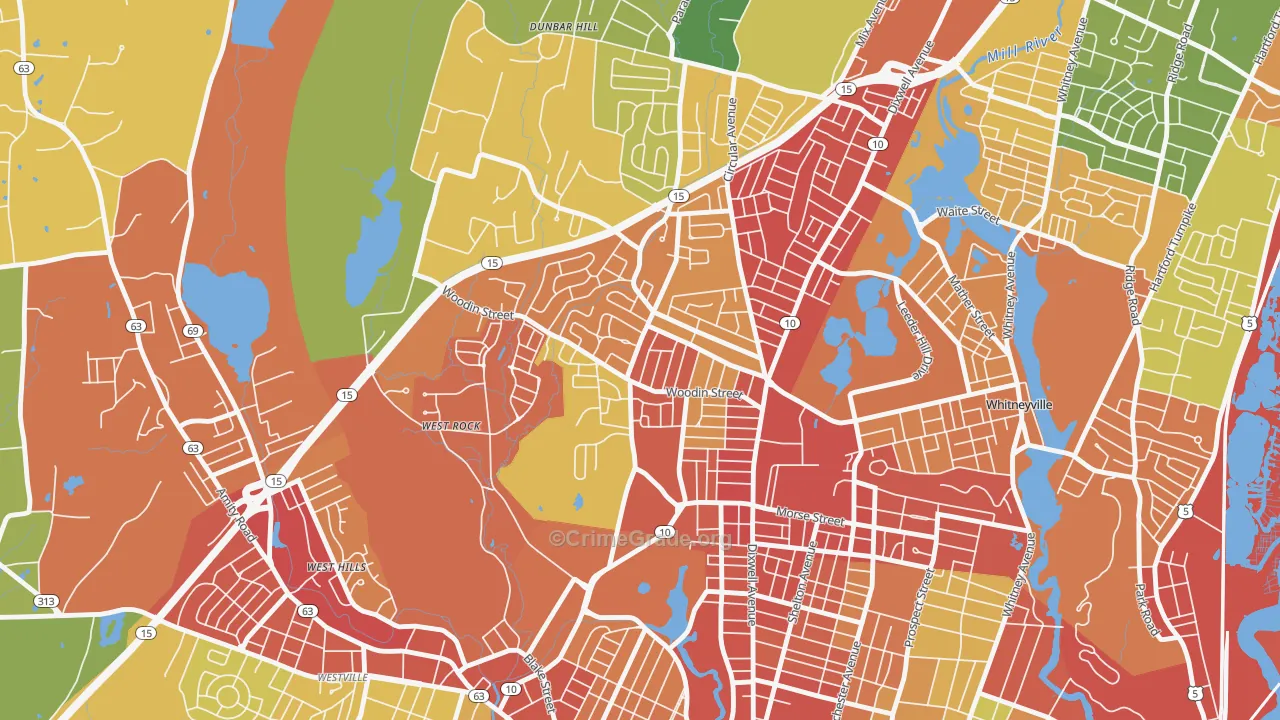 Pine Rock, Hamden, CT Map of Robbery Rates