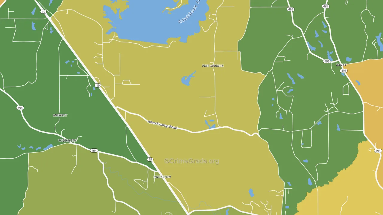 Pine Springs, MS Map of Robbery Rates