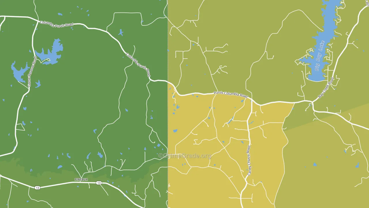 Pinebur, MS Map of Robbery Rates