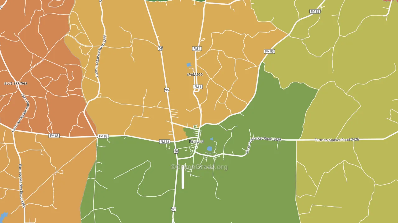 Pineland, TX Map of Robbery Rates