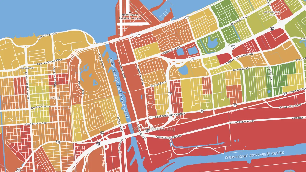 Pines Village, New Orleans, LA Map of Robbery Rates