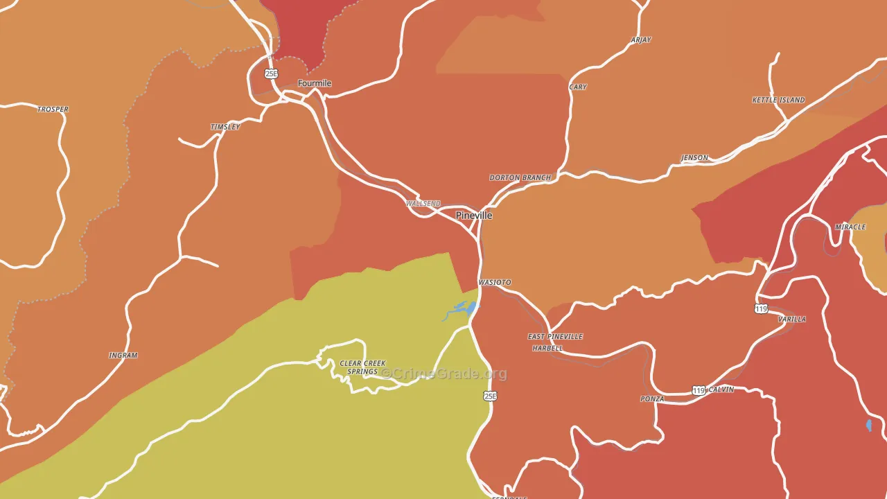 Pineville, KY Map of Robbery Rates