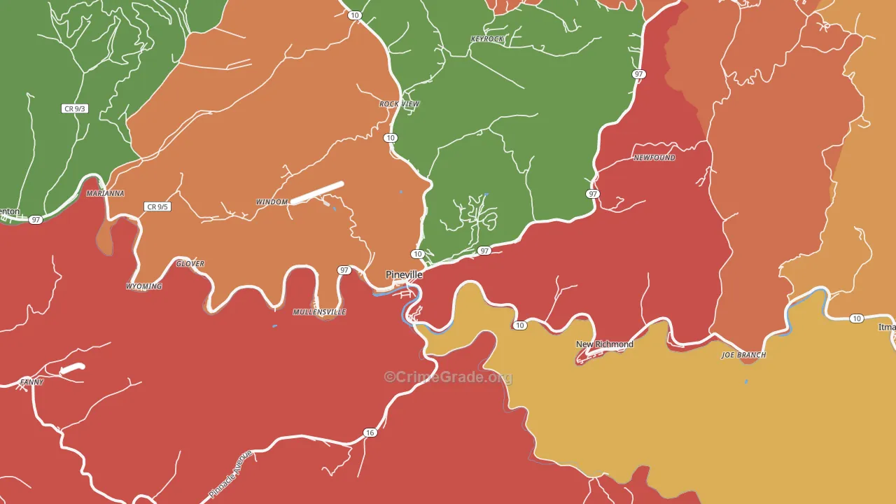Pineville, WV Map of Robbery Rates
