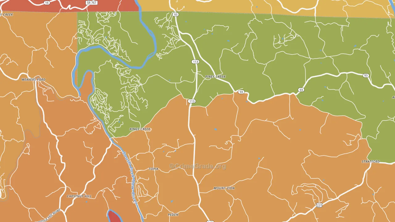 Piney Creek, NC Map of Robbery Rates