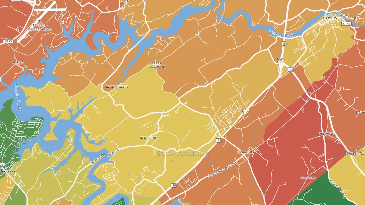 Piney Flats, TN Map of Robbery Rates