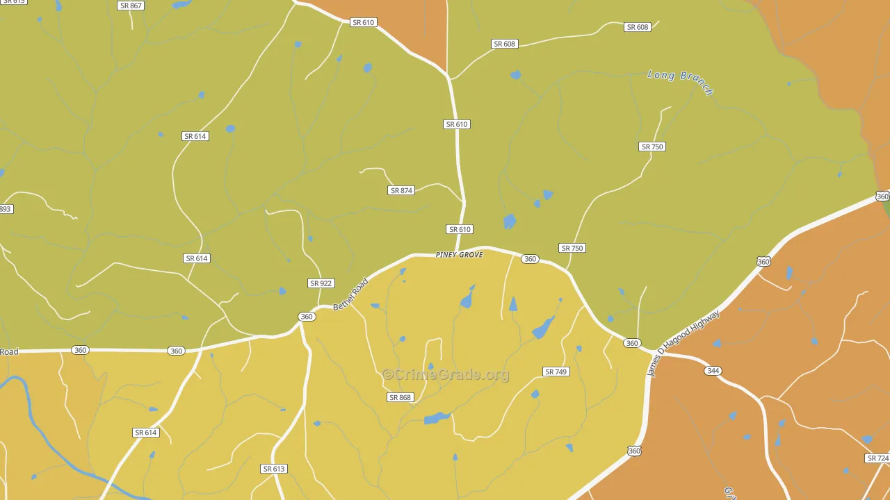 Piney Grove, VA Map of Robbery Rates