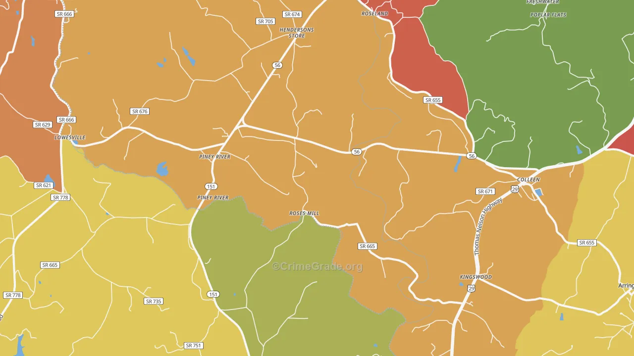 Piney River, VA Map of Robbery Rates