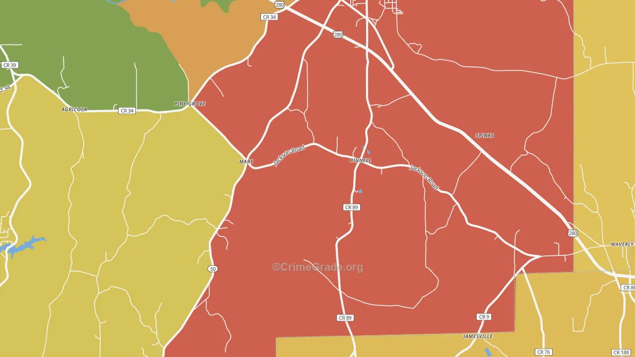 Pinnell, AL Map of Robbery Rates