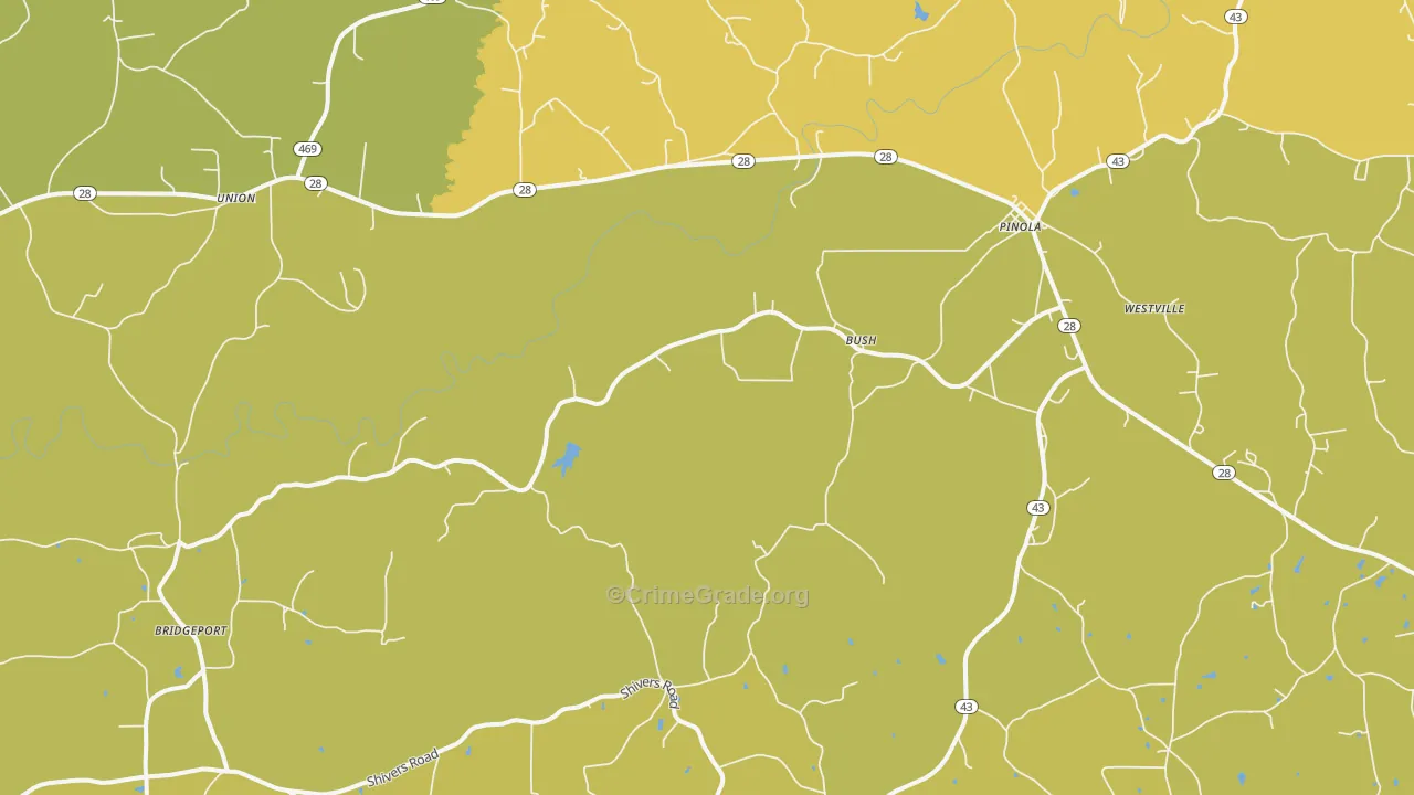 Pinola, MS Map of Robbery Rates
