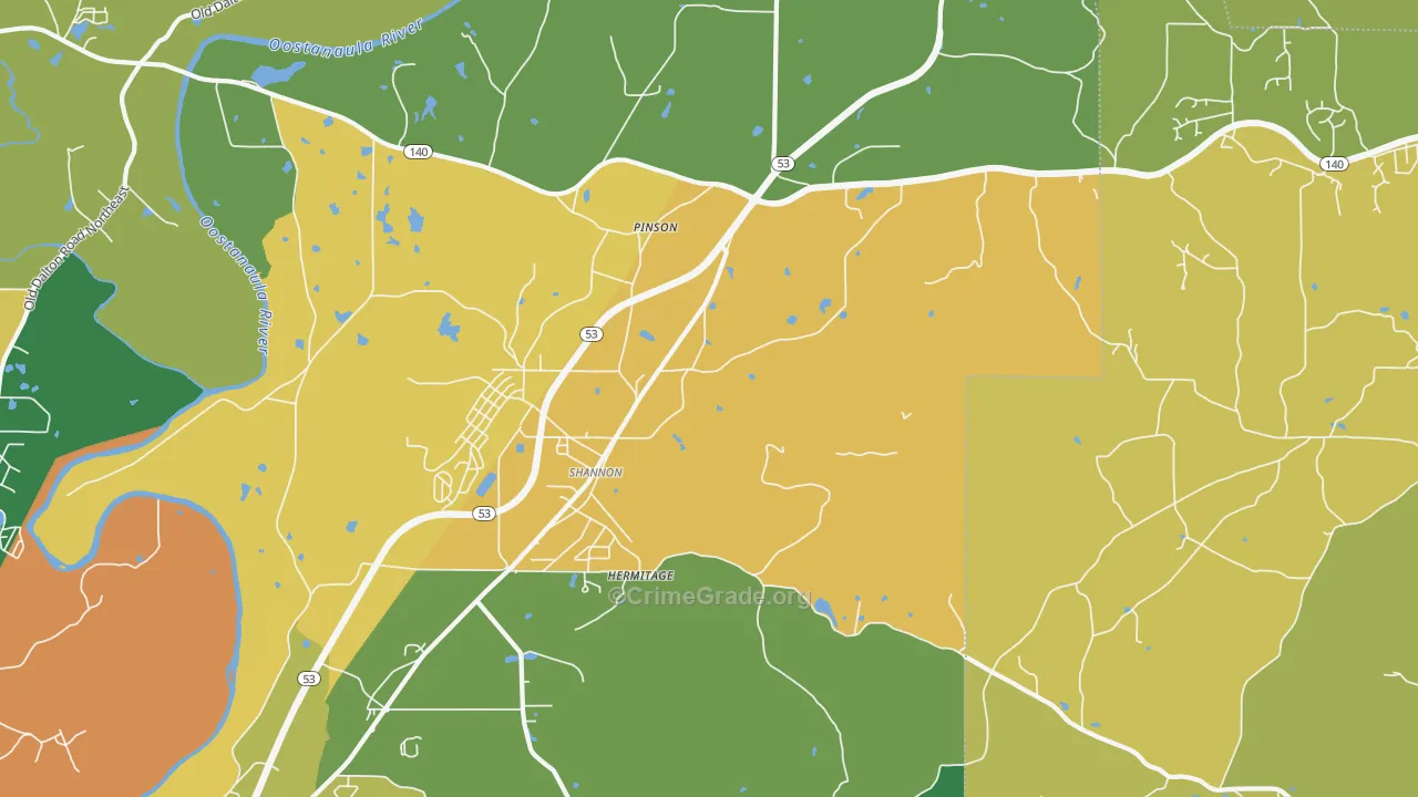 Pinson, GA Map of Robbery Rates