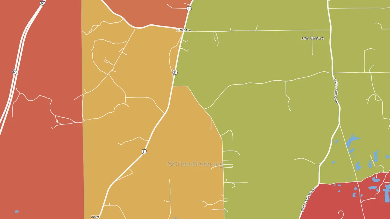 Pintlala, AL Map of Robbery Rates