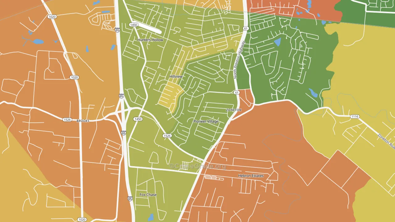 Pioneer Village, KY Map of Robbery Rates