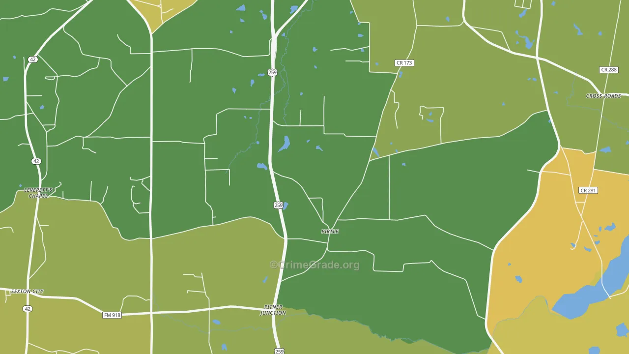Pirtle, TX Map of Robbery Rates