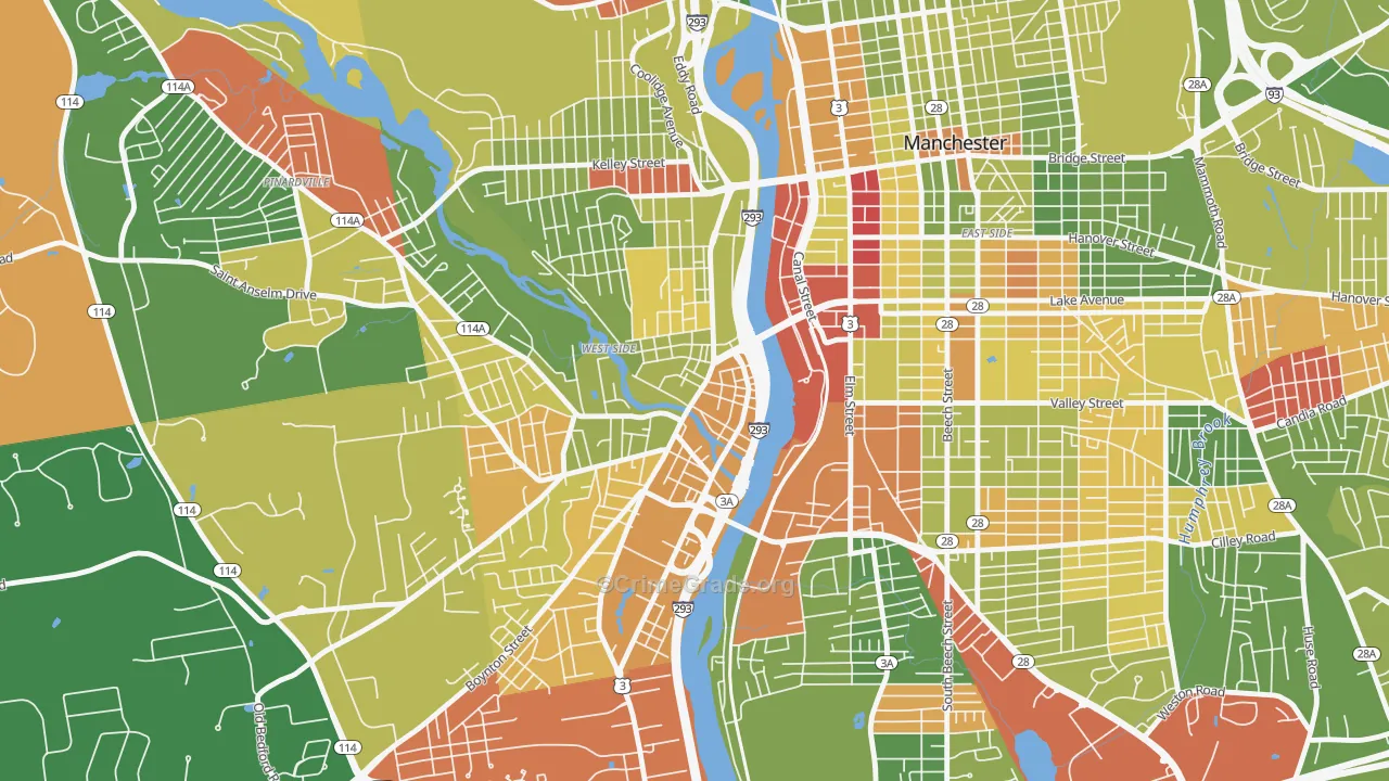 Piscataquog, Manchester, NH Map of Robbery Rates