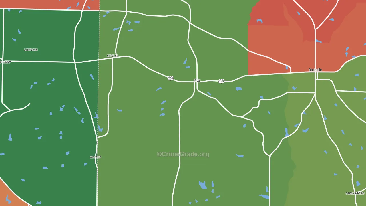 Pitts, GA Map of Robbery Rates