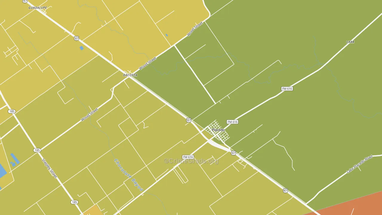 Placedo, TX Map of Robbery Rates