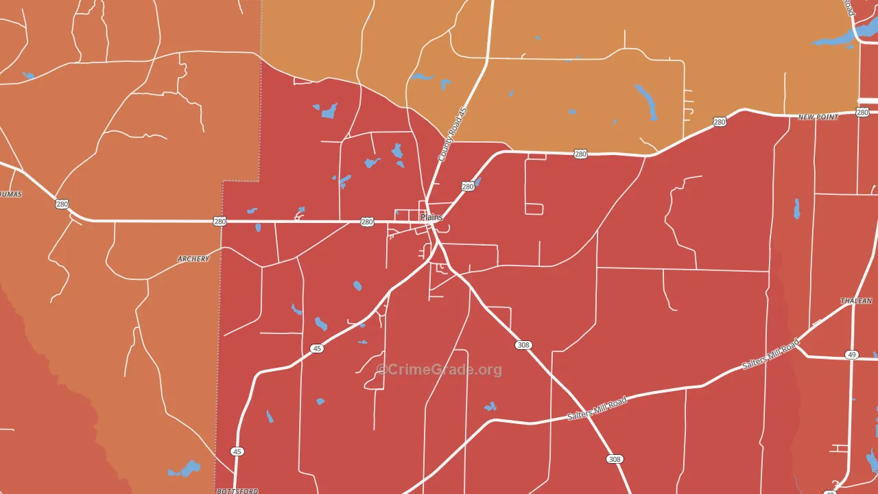 Plains, GA Map of Robbery Rates