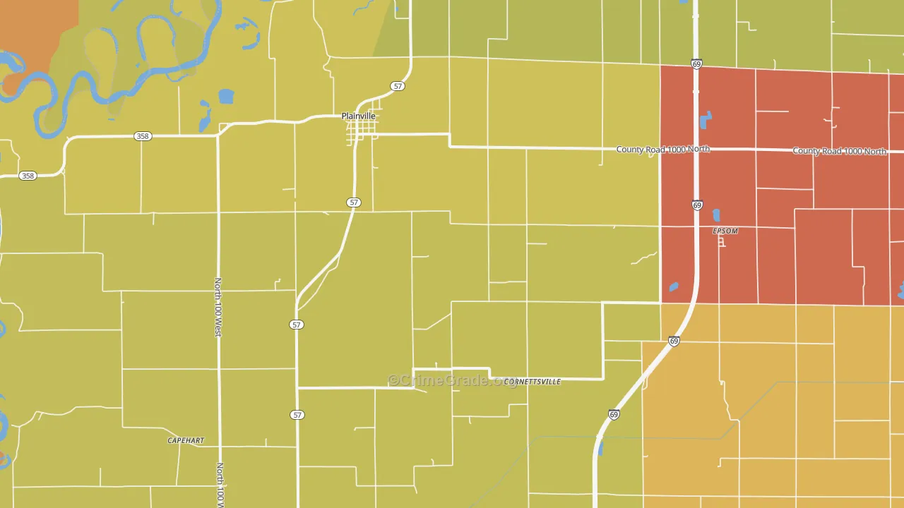 Plainville, IN Map of Robbery Rates