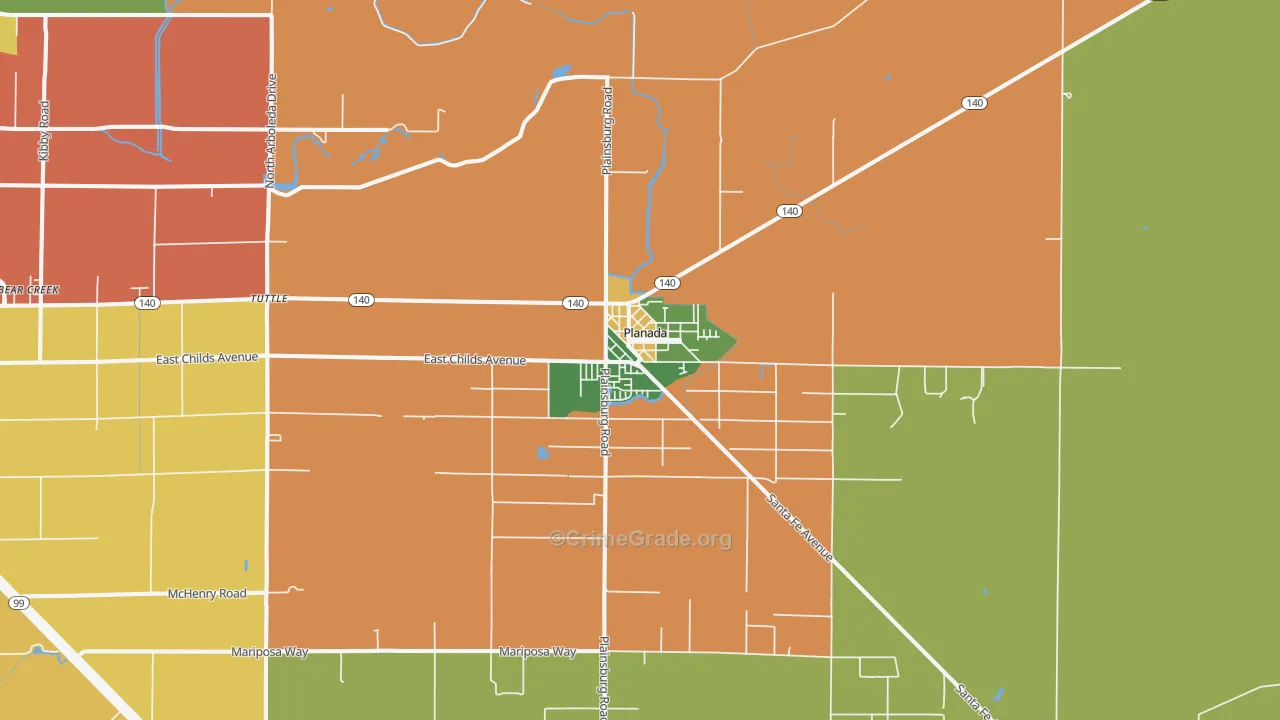 Planada, CA Map of Robbery Rates