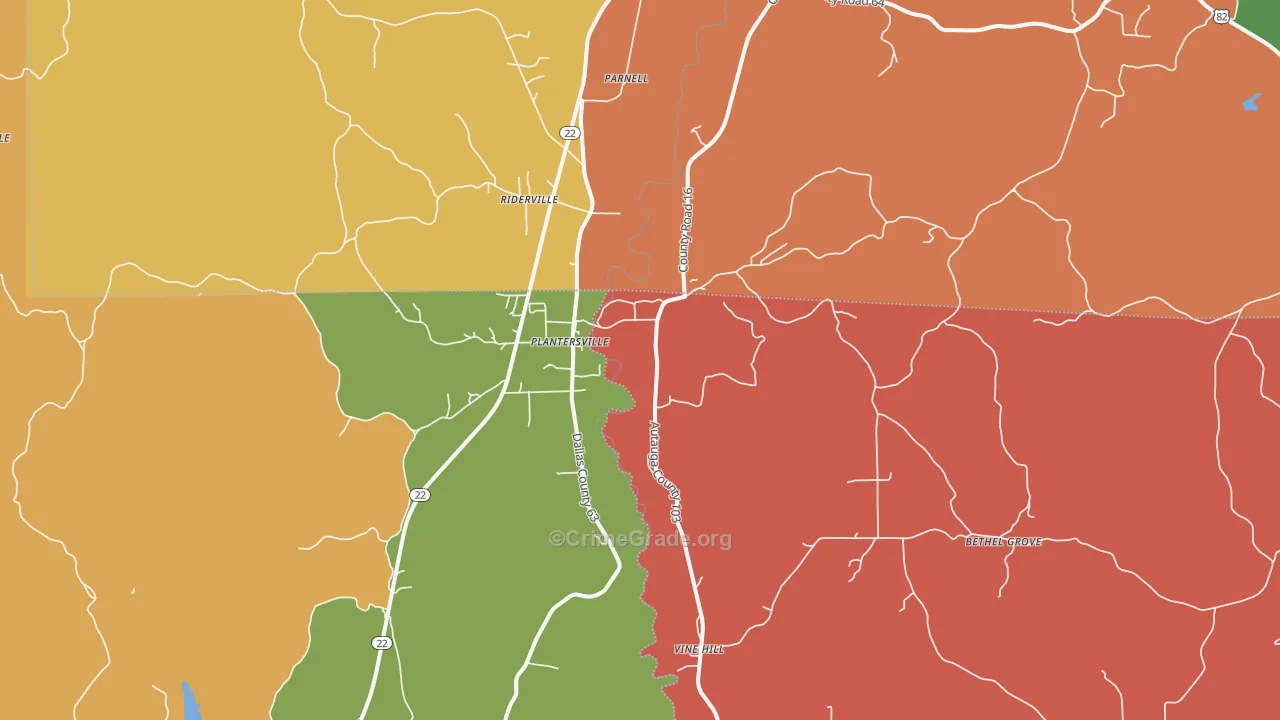 Plantersville, AL Map of Robbery Rates