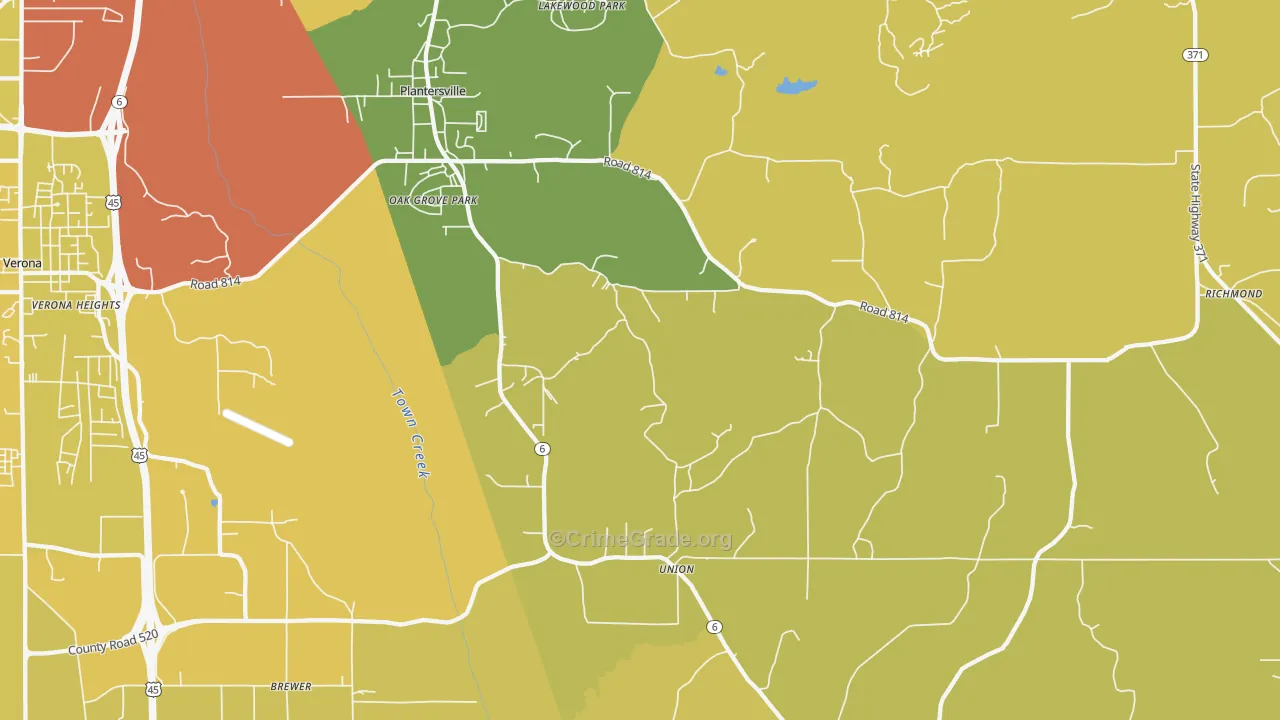 Plantersville, MS Map of Robbery Rates