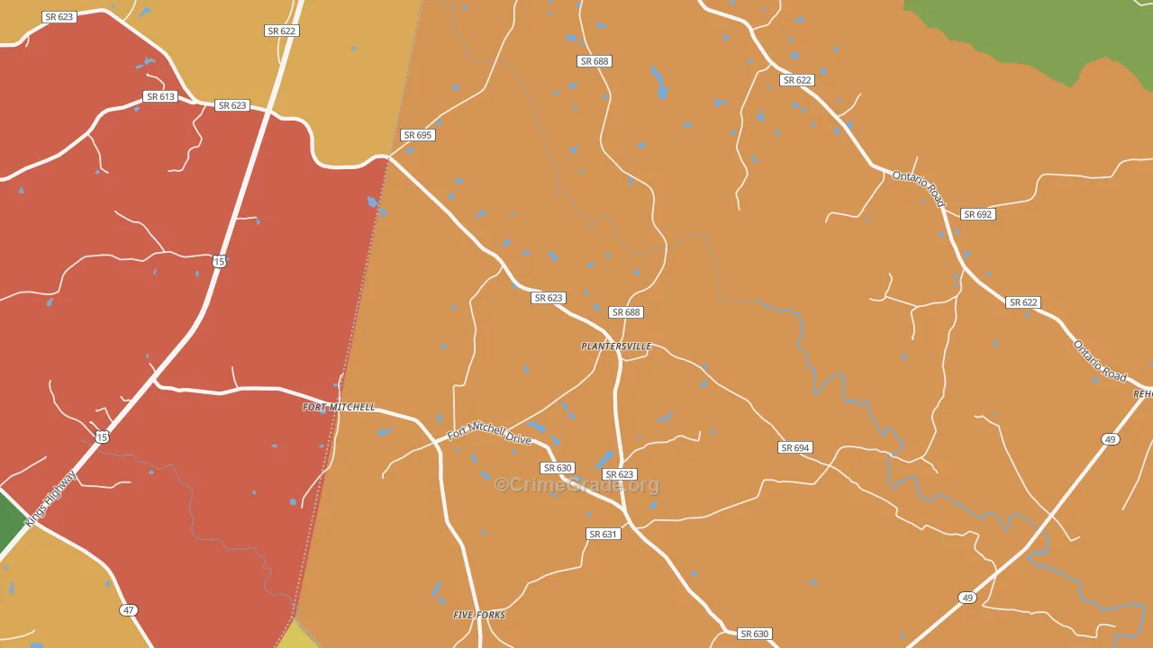 Plantersville, VA Map of Robbery Rates