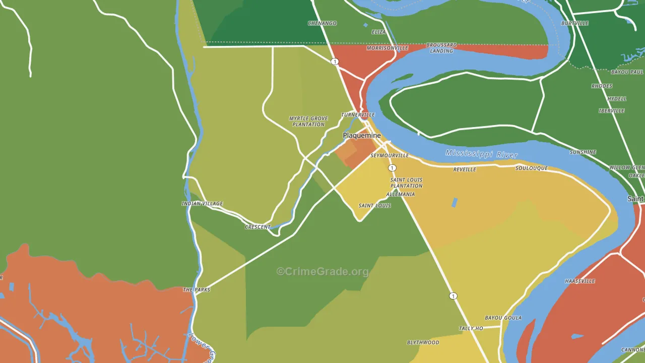 Plaquemine, LA Map of Robbery Rates