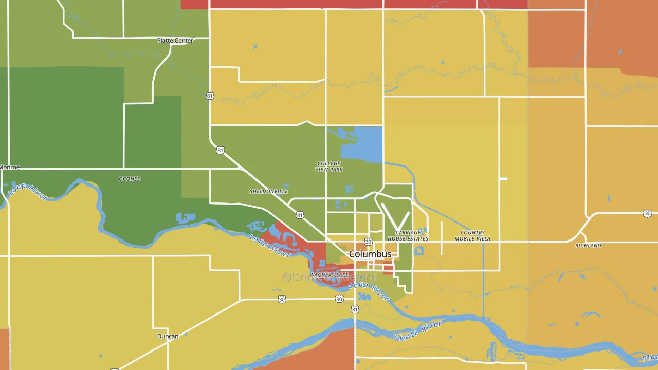 Platte County, NE Map of Robbery Rates