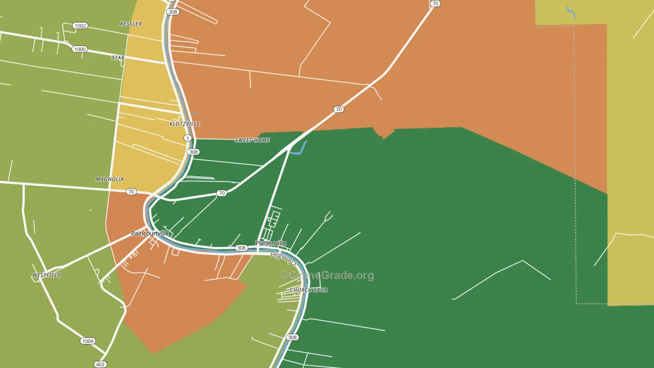Plattenville, LA Map of Robbery Rates