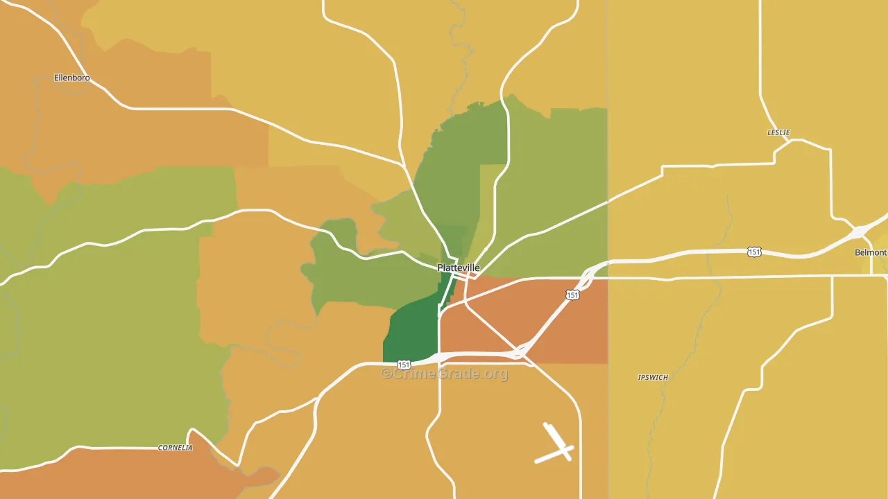 Platteville, WI Map of Robbery Rates