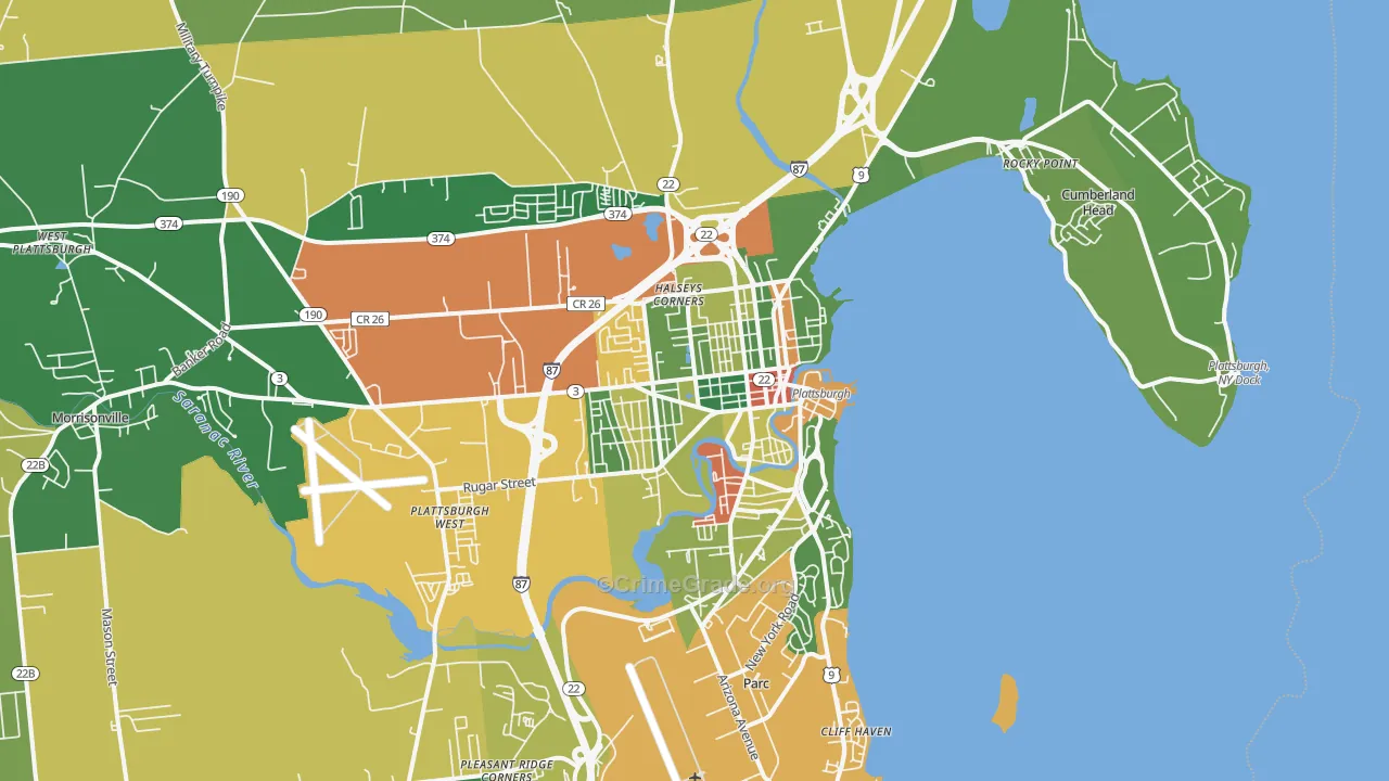 Plattsburgh, NY Map of Robbery Rates