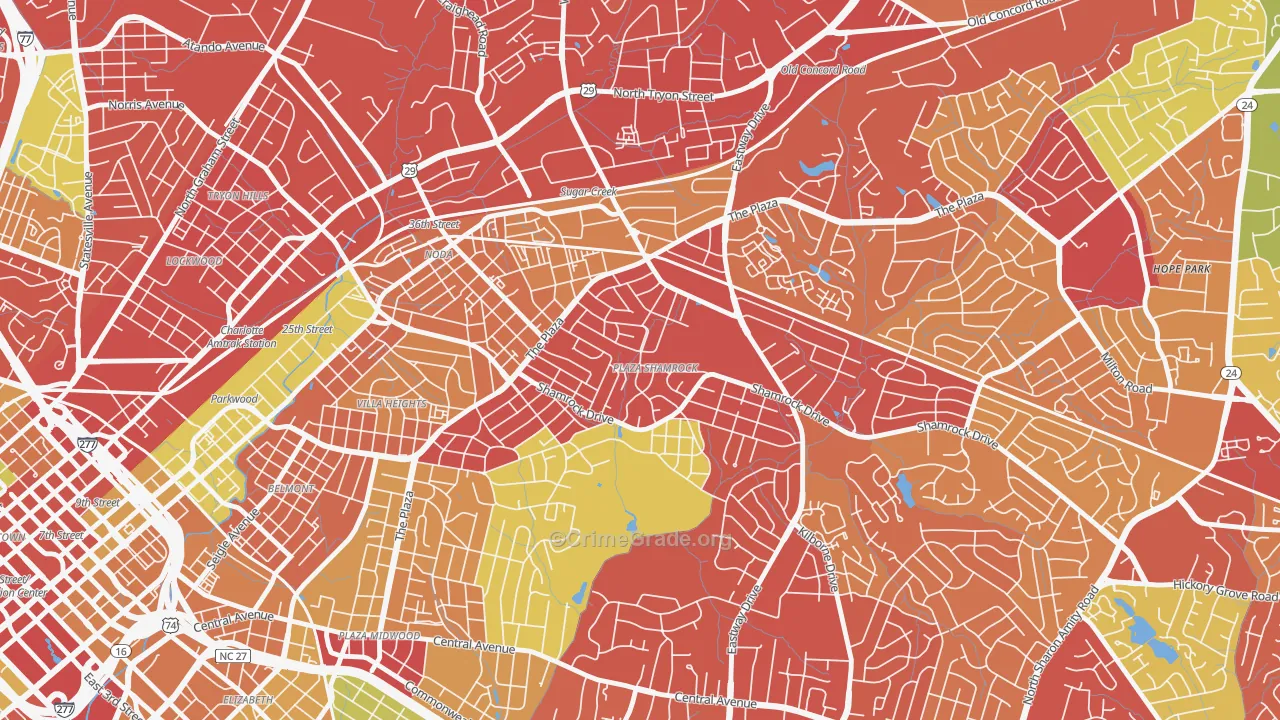 Plaza-Shamrock, Charlotte, NC Map of Robbery Rates