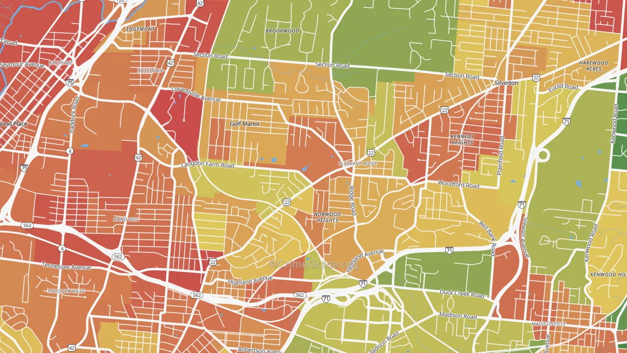 Pleasant Ridge, Cincinnati, OH Map of Robbery Rates