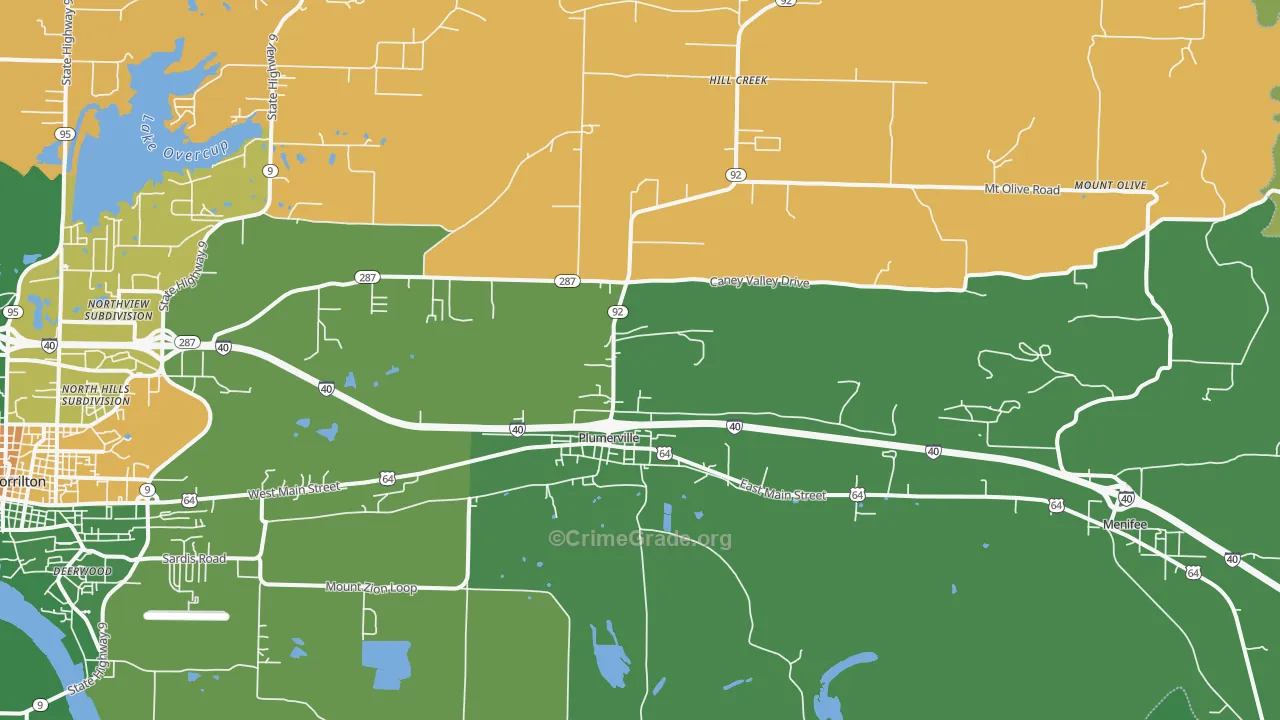 Plumerville, AR Map of Robbery Rates