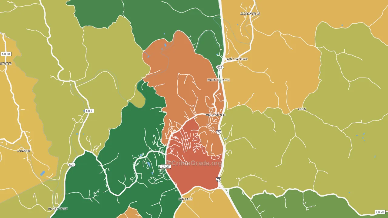 Pocatalico, WV Map of Robbery Rates