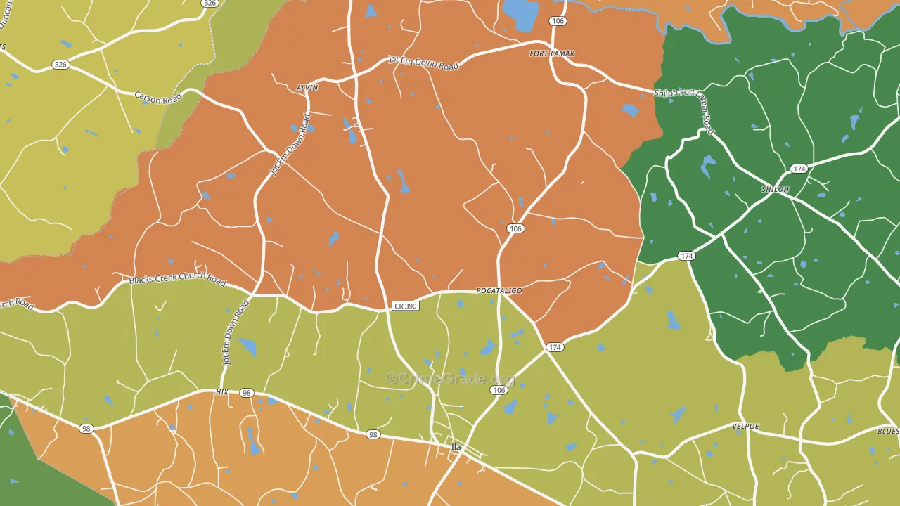 Pocataligo, GA Map of Robbery Rates