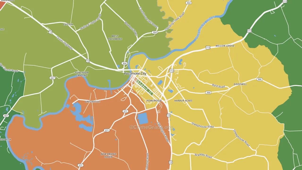 Pocomoke City, MD Map of Robbery Rates