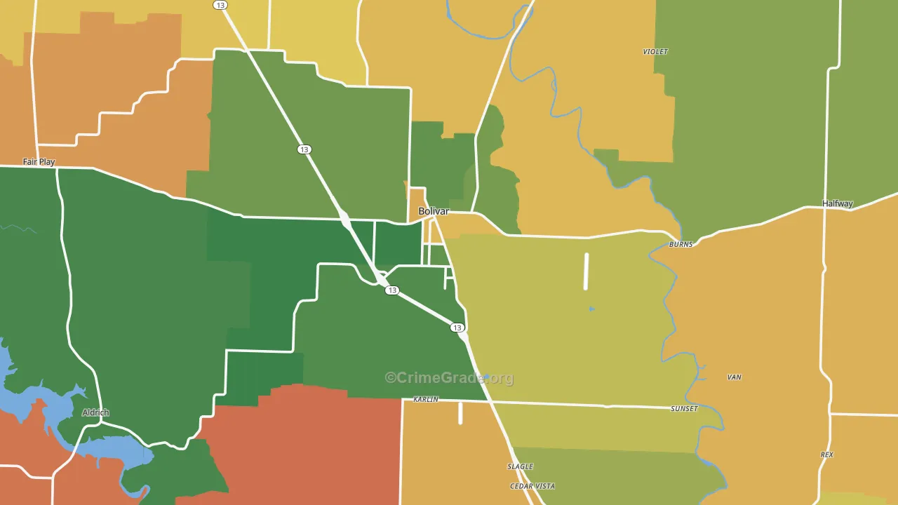Polk County, MO Map of Robbery Rates