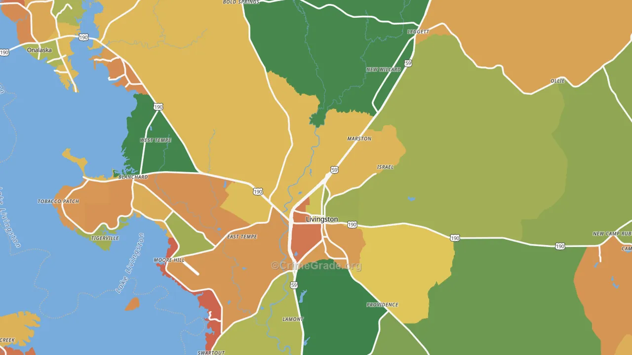 Polk County, TX Map of Robbery Rates