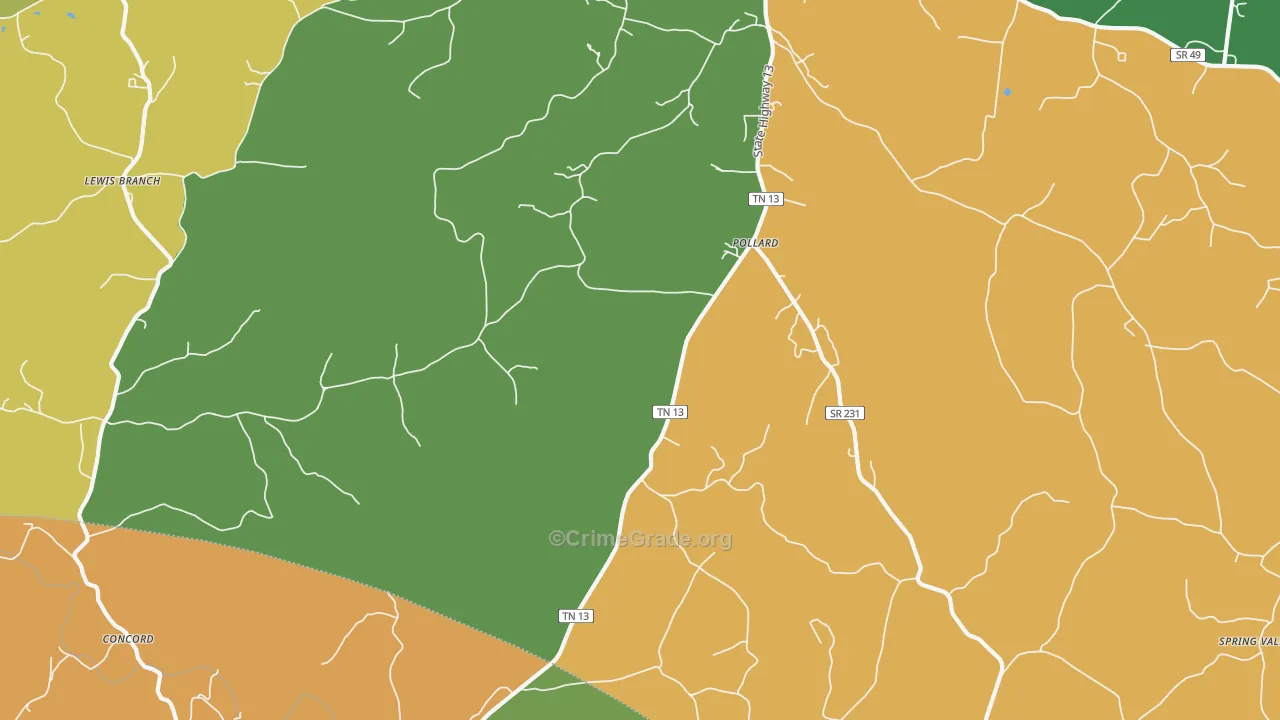 Pollard, TN Map of Robbery Rates