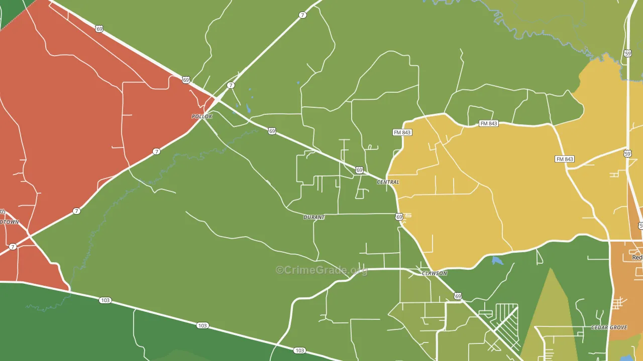 Pollok, TX Map of Robbery Rates