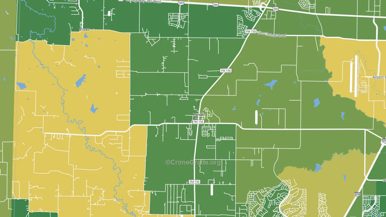 Ponder, TX Map of Robbery Rates