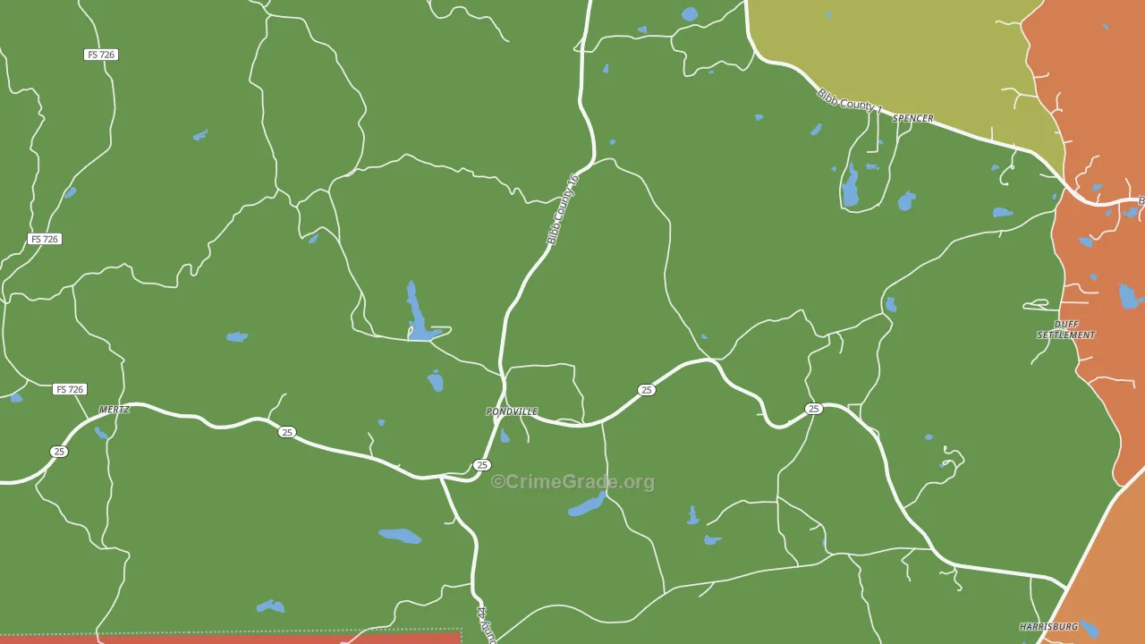 Pondville, AL Map of Robbery Rates