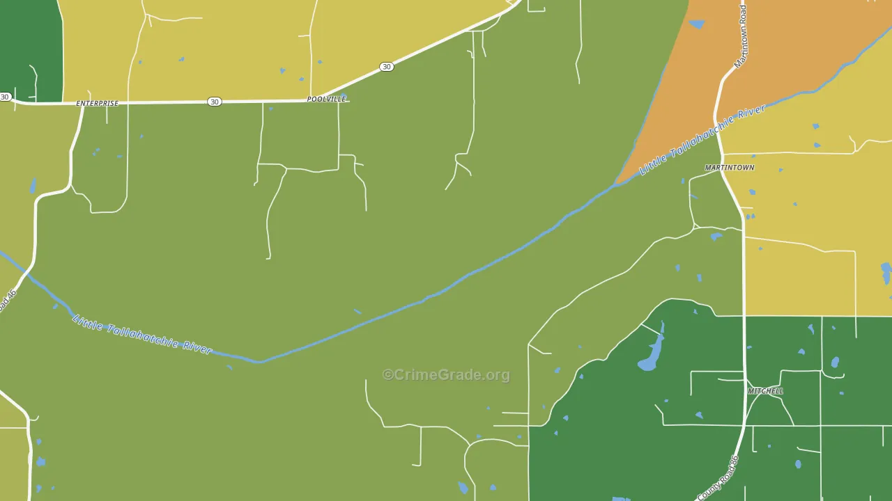 Poolville, MS Map of Robbery Rates