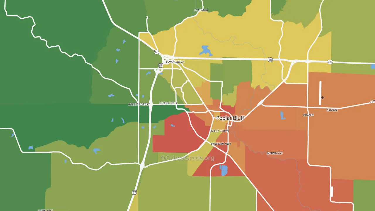 Poplar Bluff, MO Map of Robbery Rates