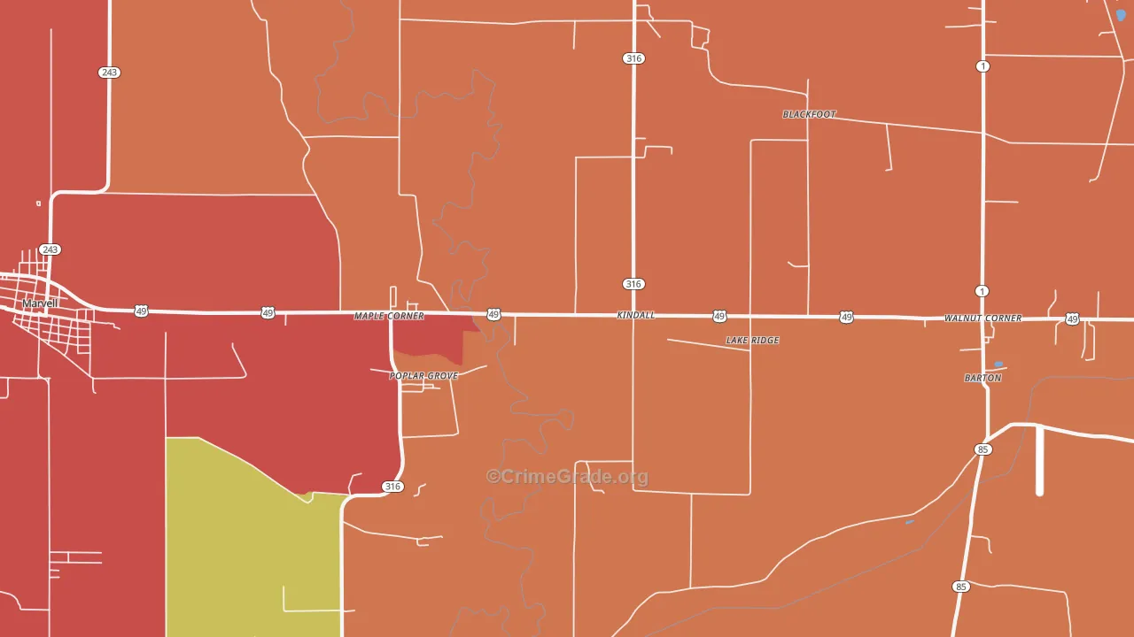 Poplar Grove, AR Map of Robbery Rates