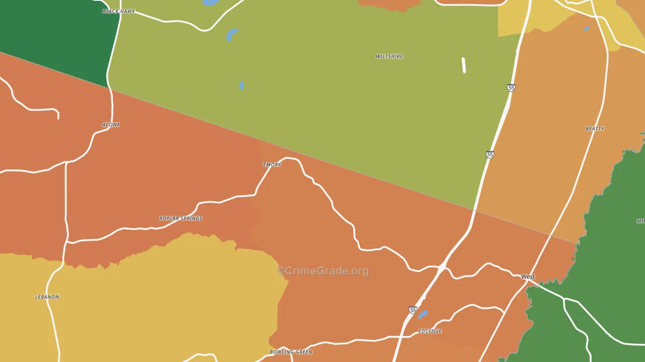 Poplar Springs, MS Map of Robbery Rates