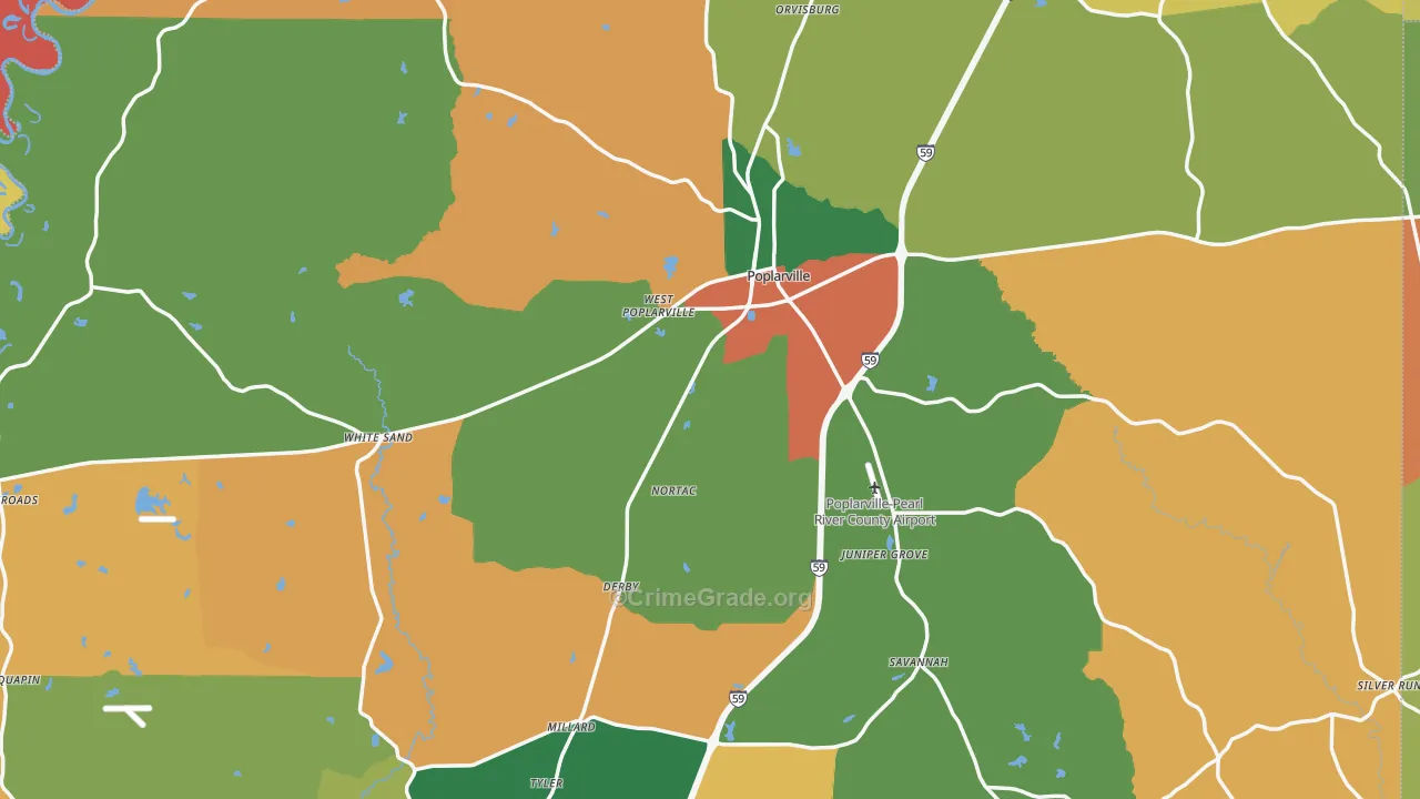 Poplarville, MS Map of Robbery Rates