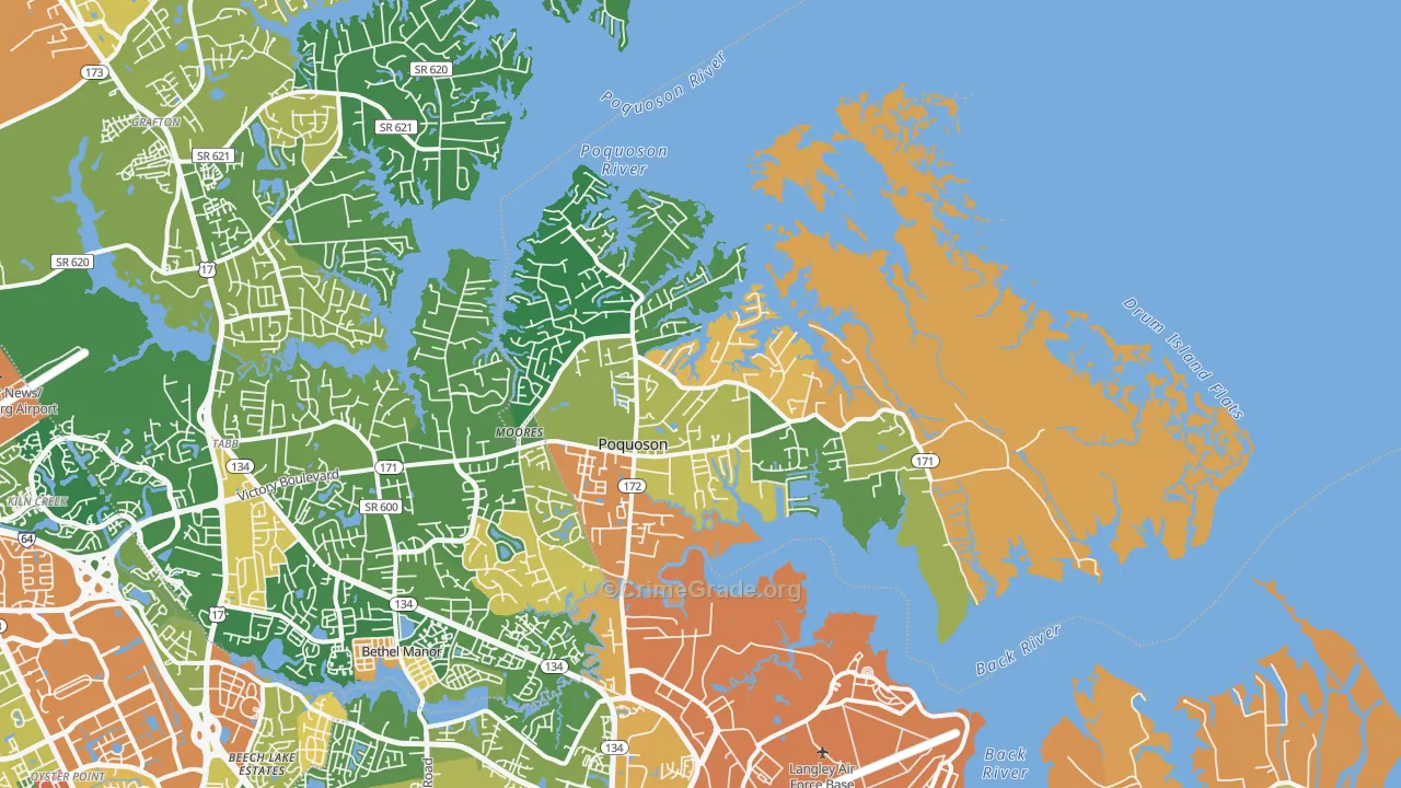 Poquoson City, VA Map of Robbery Rates