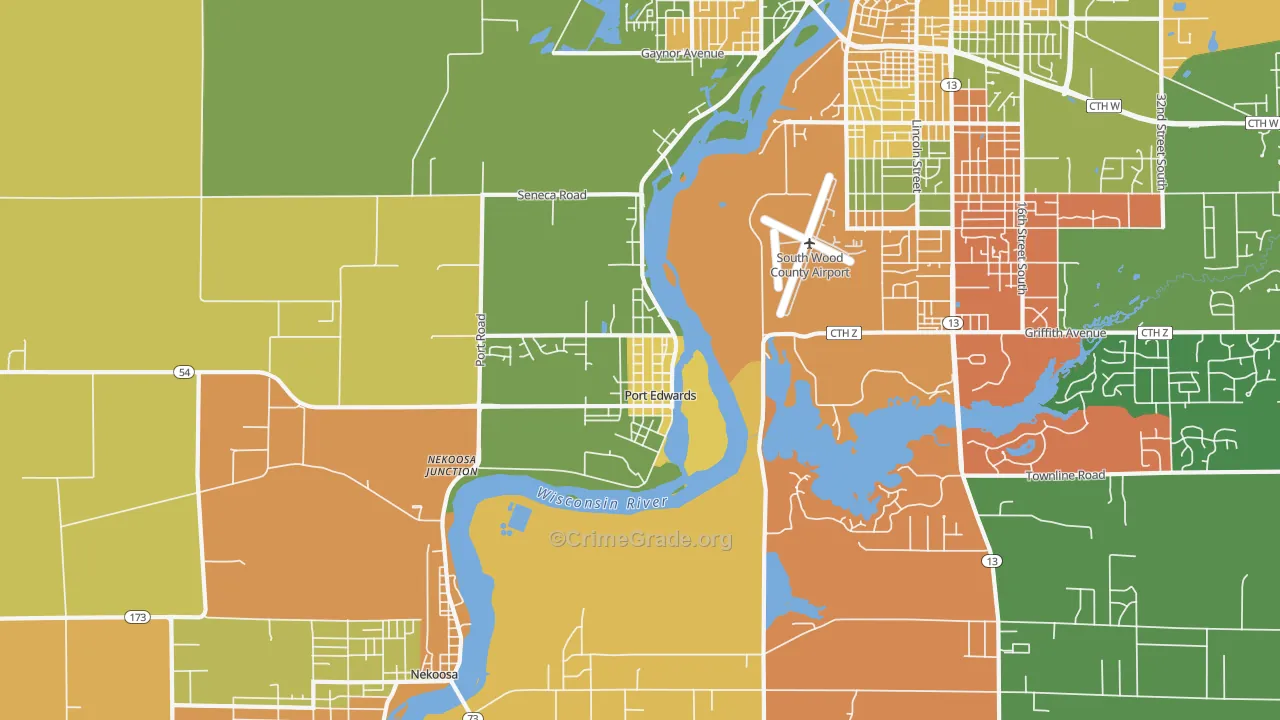 Port Edwards, WI Map of Robbery Rates